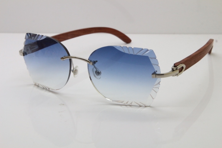 Cartier Rimless Carved Lens Original Wood 8200762A Sunglasses in Gold Blue Lens New