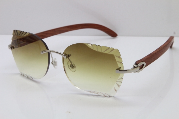 Cartier Rimless Carved Lens Original Wood 8200762A Sunglasses in Gold Brown Lens New