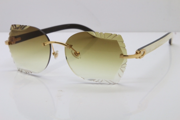 Cartier Rimless Carved Lens Original White Inside Black Buffalo Horn 8200762A Sunglasses in Gold Brown Lens New