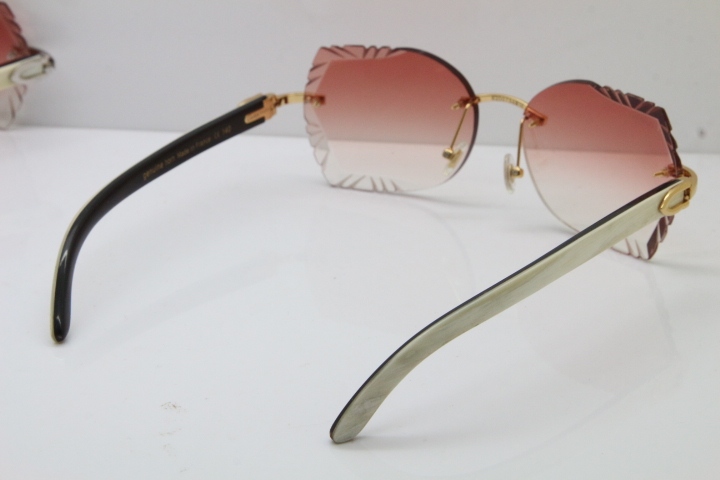 Cartier Rimless Carved Lens Original White Inside Black Buffalo Horn 8200762A Sunglasses in Silver Pink Lens New