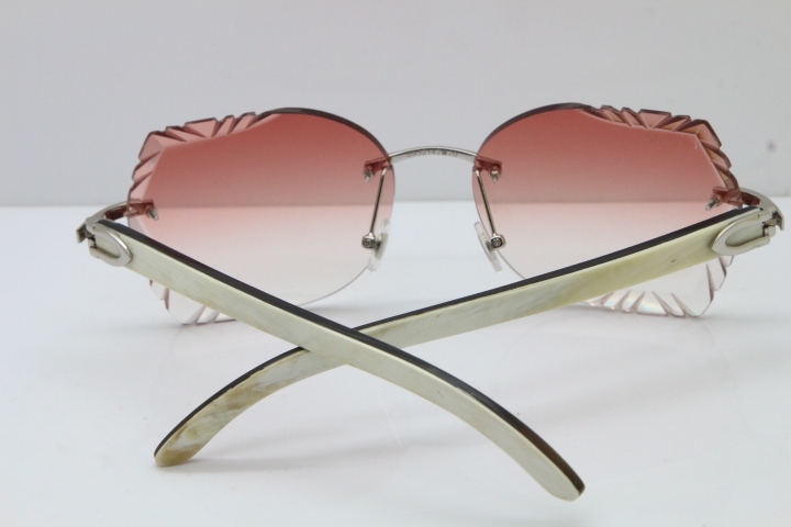 Cartier Rimless Carved Lens Original White Inside Black Buffalo Horn 8200762A Sunglasses in Silver Pink Lens New