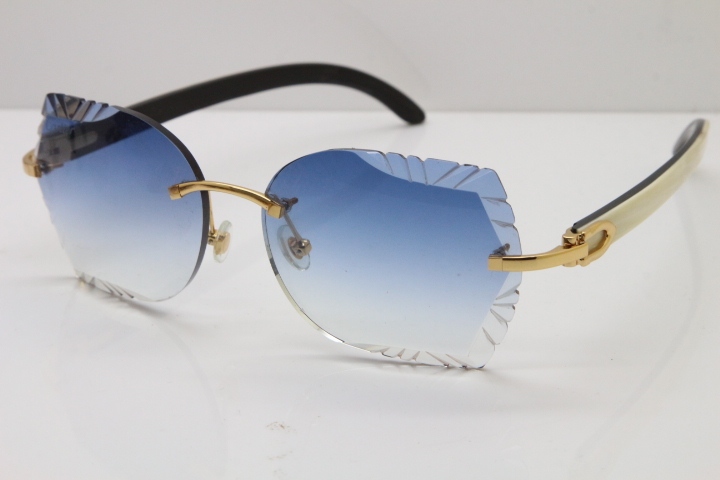 Cartier Rimless Carved Lens Original White Inside Black Buffalo Horn 8200762A Sunglasses in Gold Blue Lens New