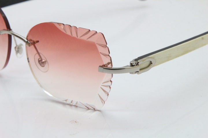 Cartier Rimless Carved Lens Original White Inside Black Buffalo Horn 8200762A Sunglasses in Silver Pink Lens New