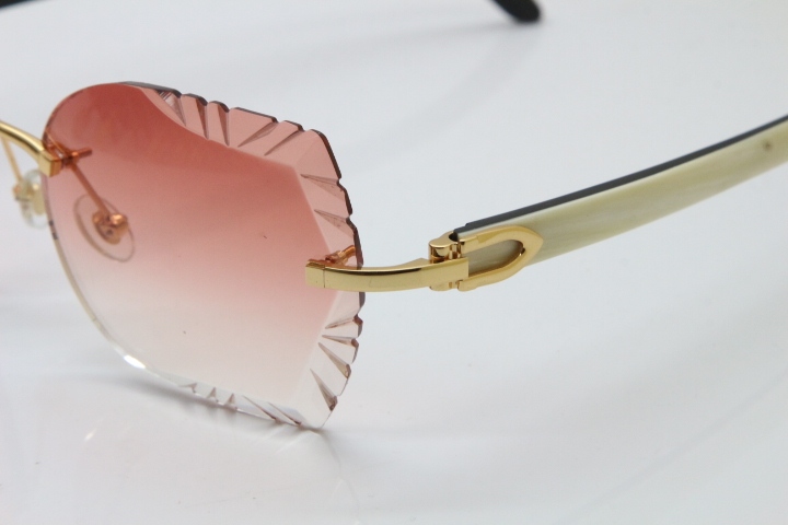 Cartier Rimless Carved Lens Original White Inside Black Buffalo Horn 8200762A Sunglasses in Silver Pink Lens New