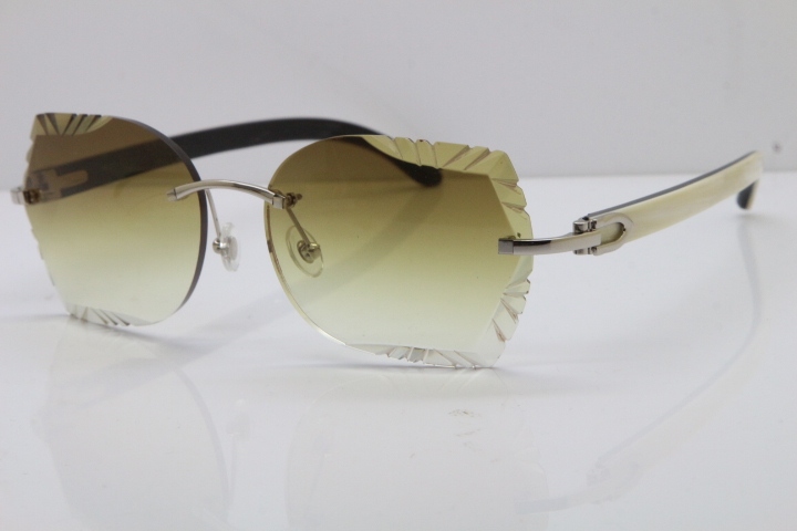 Cartier Rimless Carved Lens Original White Inside Black Buffalo Horn 8200762A Sunglasses in Gold Brown Lens New