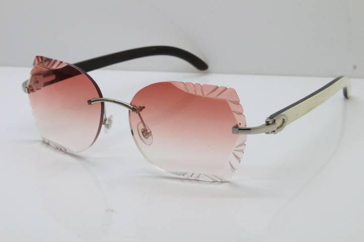 Cartier Rimless Carved Lens Original White Inside Black Buffalo Horn 8200762A Sunglasses in Silver Pink Lens New