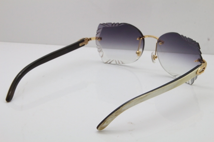 Cartier Rimless Carved Lens Original White Inside Black Buffalo Horn 8200762A Sunglasses in Silver Gray Lens New