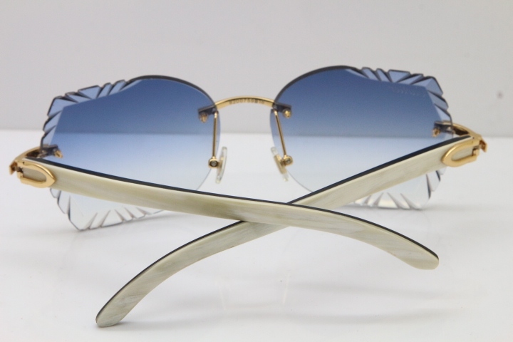 Cartier Rimless Carved Lens Original White Inside Black Buffalo Horn 8200762A Sunglasses in Gold Blue Lens New