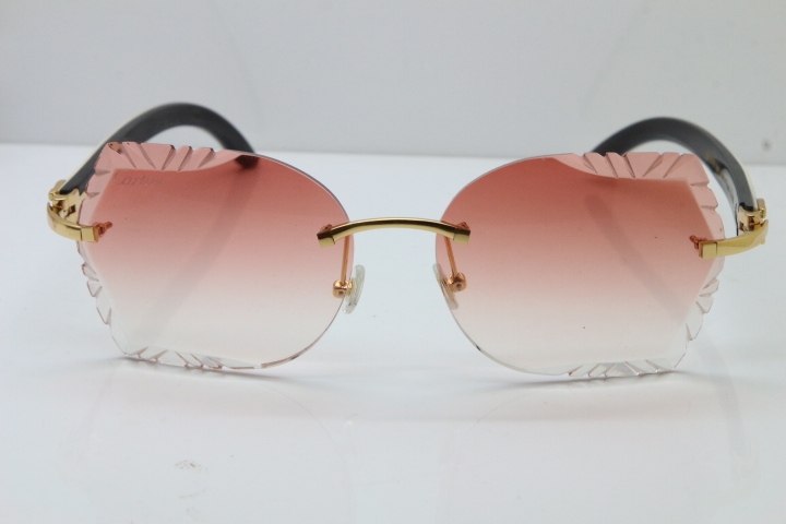 Cartier Rimless Carved Lens Original White Inside Black Buffalo Horn 8200762A Sunglasses in Silver Pink Lens New