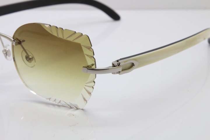 Cartier Rimless Carved Lens Original White Inside Black Buffalo Horn 8200762A Sunglasses in Gold Brown Lens New