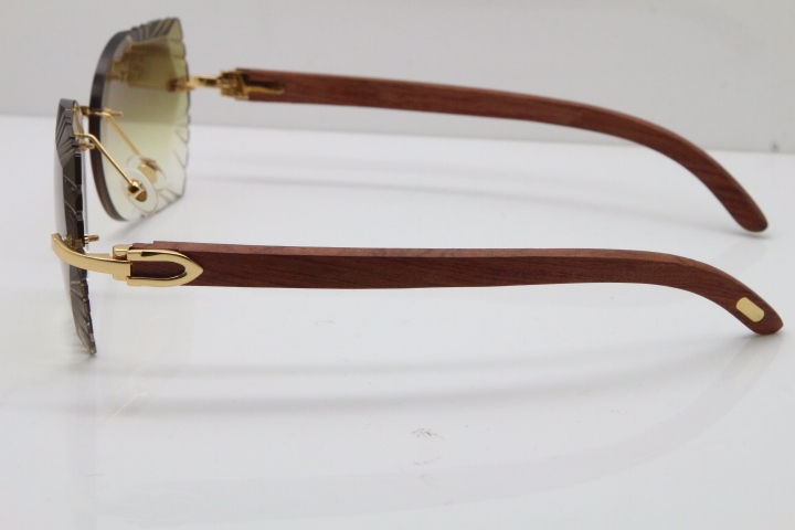 Cartier Rimless Carved Lens Original Wood 8200762A Sunglasses in Gold Brown Lens New