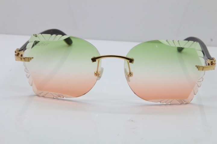 Cartier Rimless Carved Lens Original White Inside Black Buffalo Horn 8200762A Sunglasses in Silver Green Mix Brown Lens New