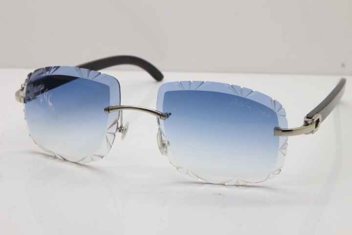 Cartier Rimless Carved Lens Black Buffalo Horn T8200762 Sunglasses  in Gold Blue Lens New