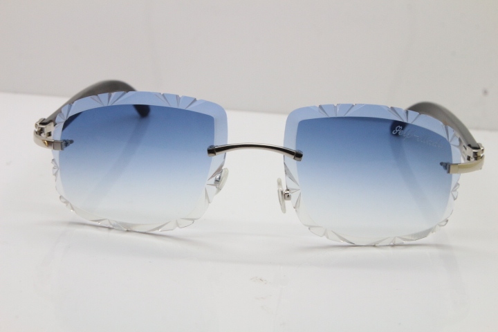 Cartier Rimless Carved Lens Black Buffalo Horn T8200762 Sunglasses  in Gold Blue Lens New