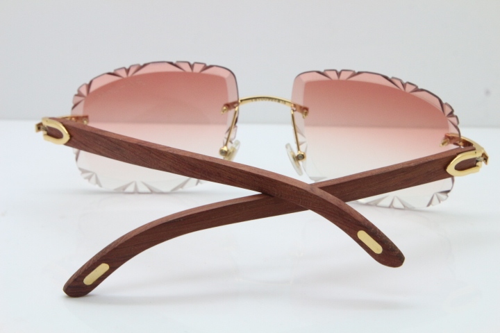 Cartier Rimless Original Wood T8200762 Sunglasses in Gold Pink Lens New（Carved Lens）