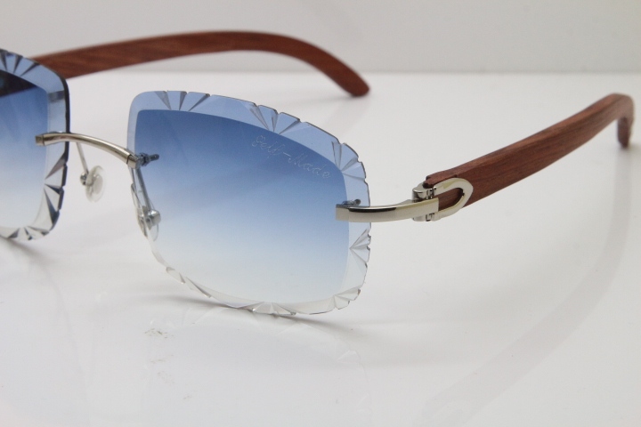 Cartier Rimless Wood T8200762 Sunglasses in Gold Blue Lens New（Carved Lens）