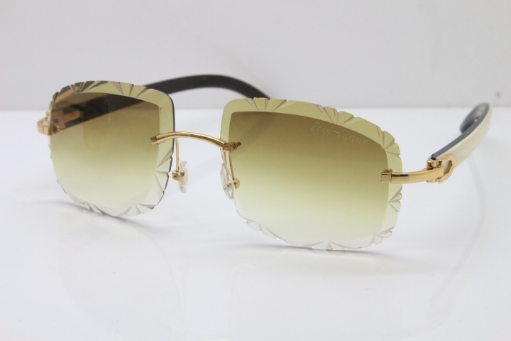 Cartier Rimless White Inside Black Buffalo Horn T8200762 Sunglasses in Gold Brown Lens New（Carved Lens）