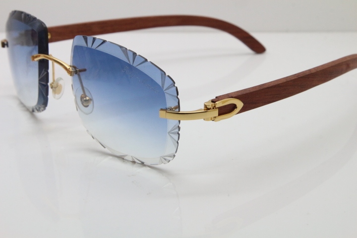 Cartier Rimless Wood T8200762 Sunglasses in Gold Blue Lens New（Carved Lens）