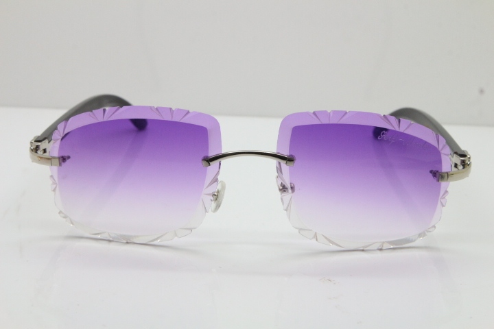 Cartier Rimless Carved Lens Black Buffalo Horn T8200762 Sunglasses in Silver Purple Lens New