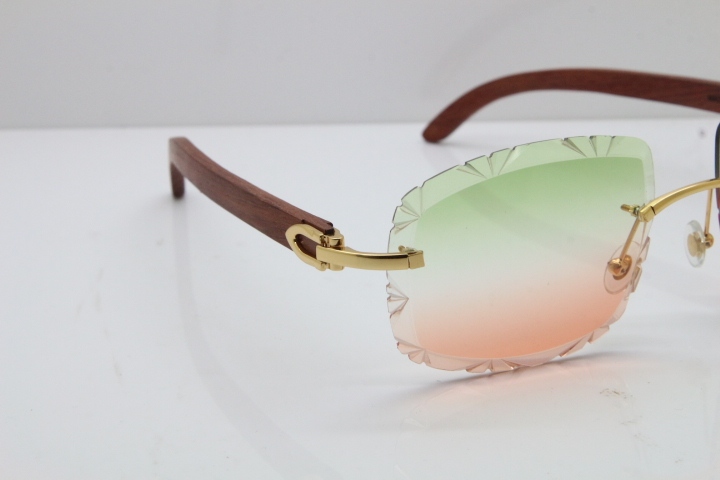 Cartier Rimless Original Wood T8200762 Sunglasses in Gold Green Mix Brown Lens New（Carved Lens）