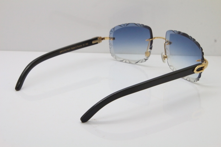 Cartier Rimless Carved Lens Black Buffalo Horn T8200762 Sunglasses  in Gold Blue Lens New