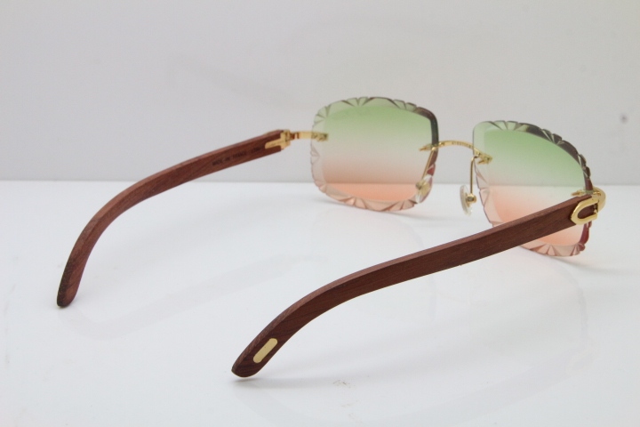Cartier Rimless Original Wood T8200762 Sunglasses in Gold Green Mix Brown Lens New（Carved Lens）