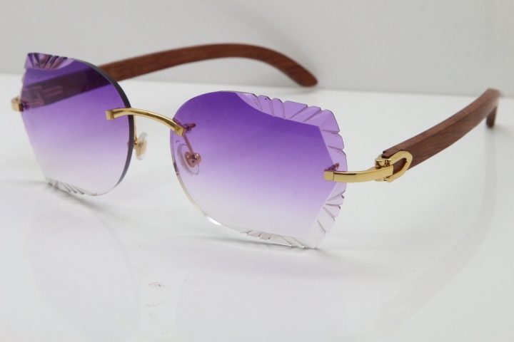 Cartier Rimless Carved Lens Original Wood 8200762A Sunglasses in Gold Purple Lens New