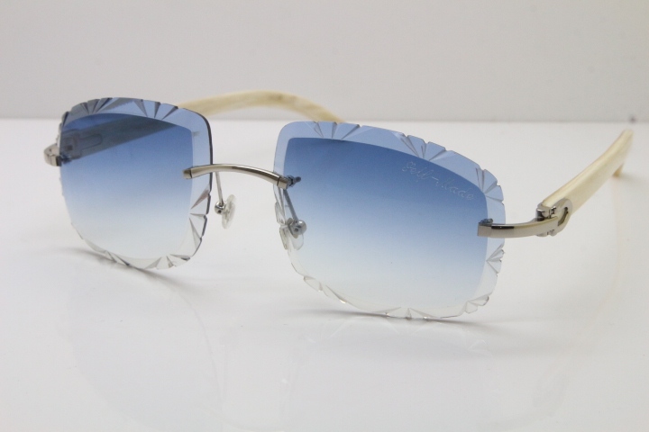 Cartier Rimless Genuine Natural T8200762 Sunglasses in Silver Blue Lens New（Carved Lens）