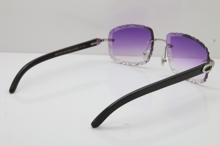 Cartier Rimless Carved Lens Black Buffalo Horn T8200762 Sunglasses in Silver Purple Lens New