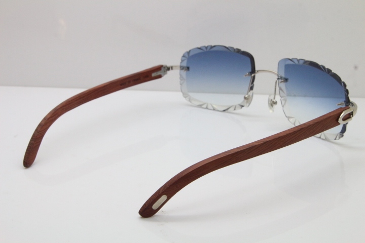 Cartier Rimless Wood T8200762 Sunglasses in Gold Blue Lens New（Carved Lens）