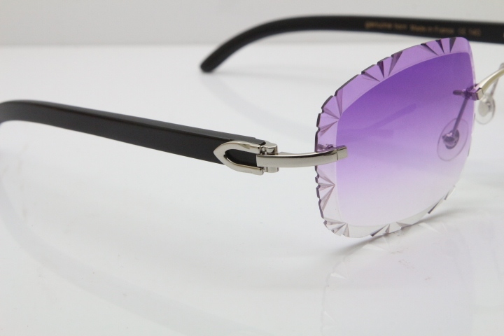 Cartier Rimless Carved Lens Black Buffalo Horn T8200762 Sunglasses in Silver Purple Lens New