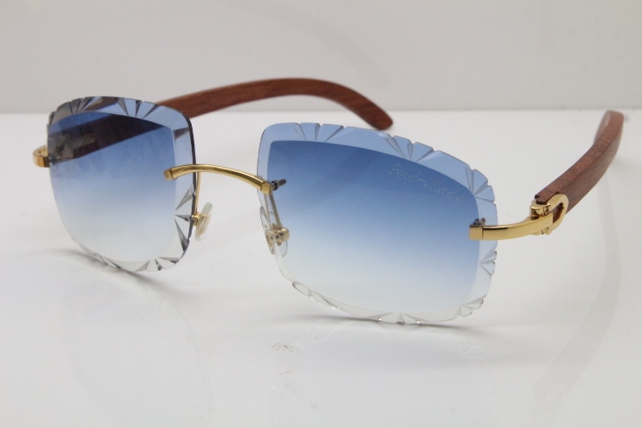 Cartier Rimless Wood T8200762 Sunglasses in Gold Blue Lens New（Carved Lens）