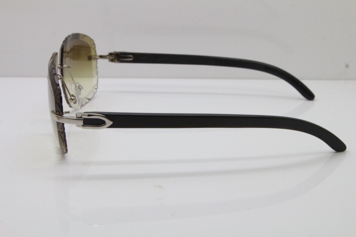 Cartier Rimless Carved Lens Black Buffalo Horn T8200762 Sunglasses  in Gold Brown Lens New