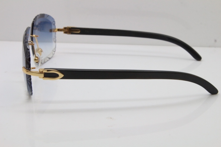 Cartier Rimless Carved Lens Black Buffalo Horn T8200762 Sunglasses  in Gold Blue Lens New