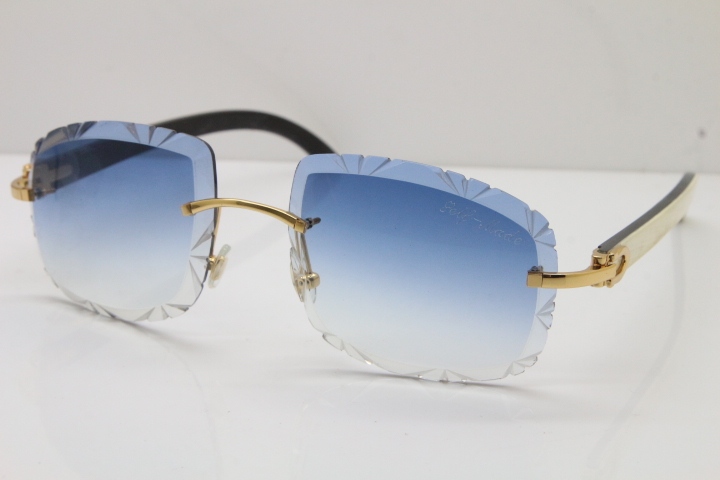 Cartier Rimless White Inside Black Buffalo Horn T8200762 Sunglasses in Gold Blue Lens New（Carved Lens）