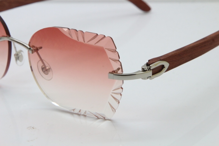 Cartier Rimless Carved Lens Original Wood 8200762A Sunglasses in Gold Pink Lens New