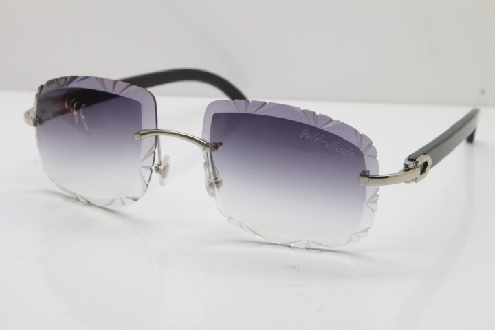 Cartier Rimless Carved Lens Black Buffalo Horn T8200762 Sunglasses in Silver Gray Lens New