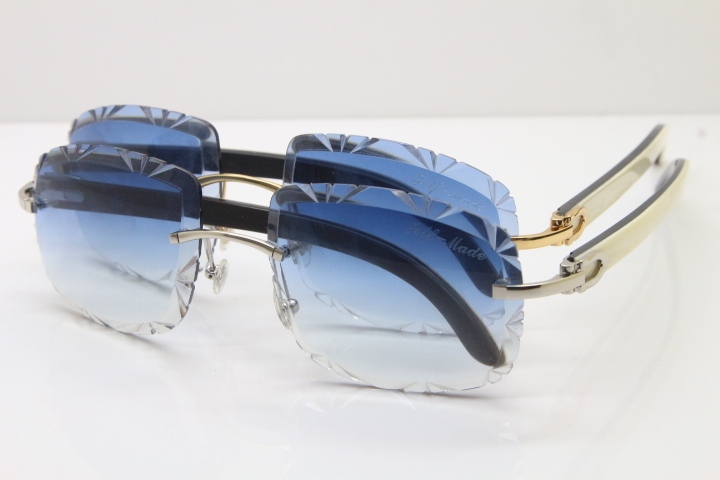 Cartier Rimless White Inside Black Buffalo Horn T8200762 Sunglasses in Gold Blue Lens New（Carved Lens）