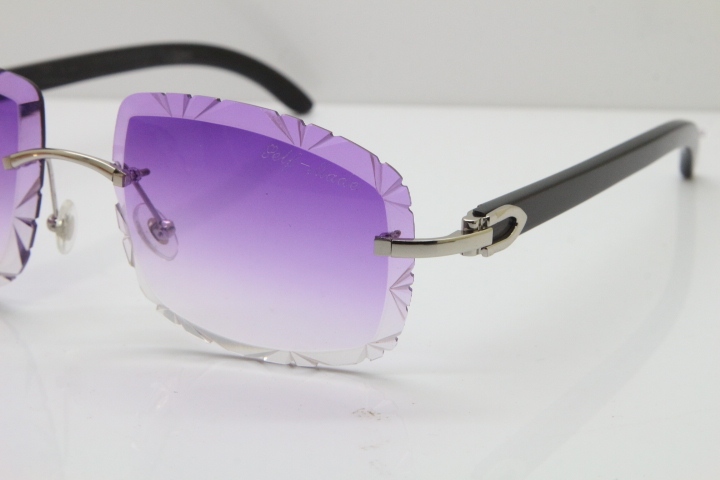 Cartier Rimless Carved Lens Black Buffalo Horn T8200762 Sunglasses in Silver Purple Lens New