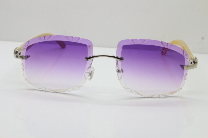 Cartier Rimless White Genuine Natural T8200762 Sunglasses in Silver Purple Lens New（Carved Lens）