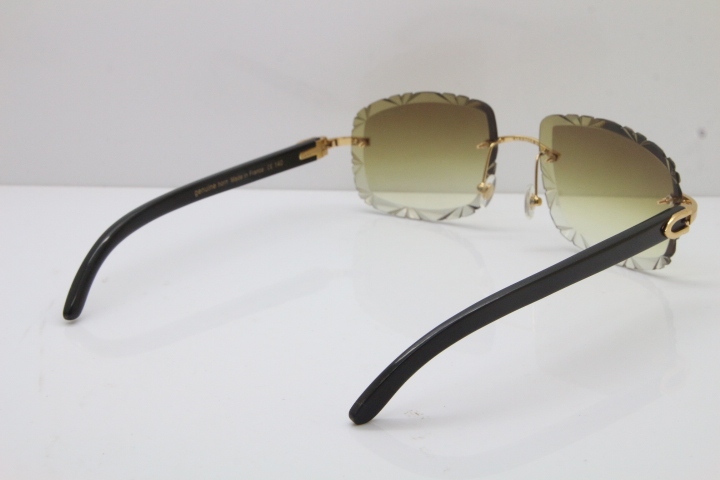 Cartier Rimless Carved Lens Black Buffalo Horn T8200762 Sunglasses  in Gold Brown Lens New