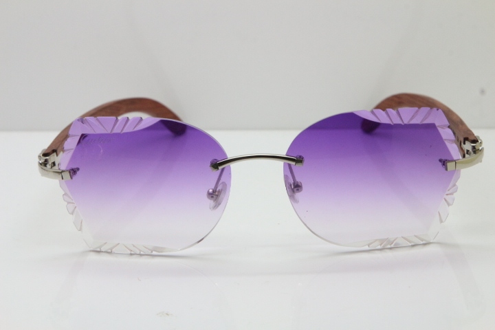 Cartier Rimless Carved Lens Original Wood 8200762A Sunglasses in Gold Purple Lens New