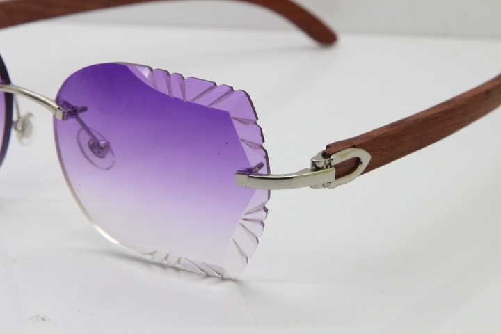 Cartier Rimless Carved Lens Original Wood 8200762A Sunglasses in Gold Purple Lens New