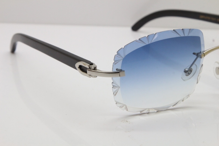 Cartier Rimless Carved Lens Black Buffalo Horn T8200762 Sunglasses  in Gold Blue Lens New