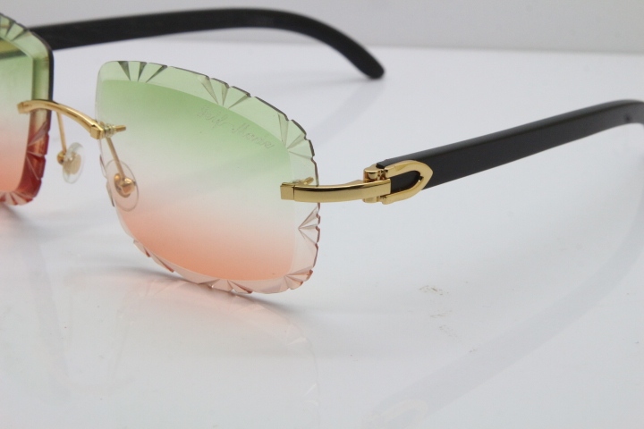Cartier Rimless Carved Lens Black Buffalo Horn T8200762 Sunglasses  in Gold Green Mix Brown Lens New