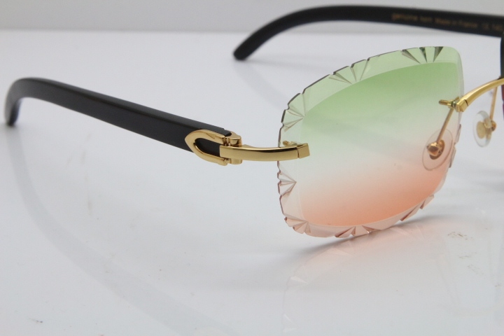 Cartier Rimless Carved Lens Black Buffalo Horn T8200762 Sunglasses  in Gold Green Mix Brown Lens New