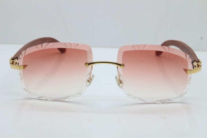 Cartier Rimless Original Wood T8200762 Sunglasses in Gold Pink Lens New（Carved Lens）