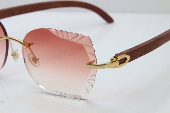 Cartier Rimless Carved Lens Original Wood 8200762A Sunglasses in Gold Pink Lens New