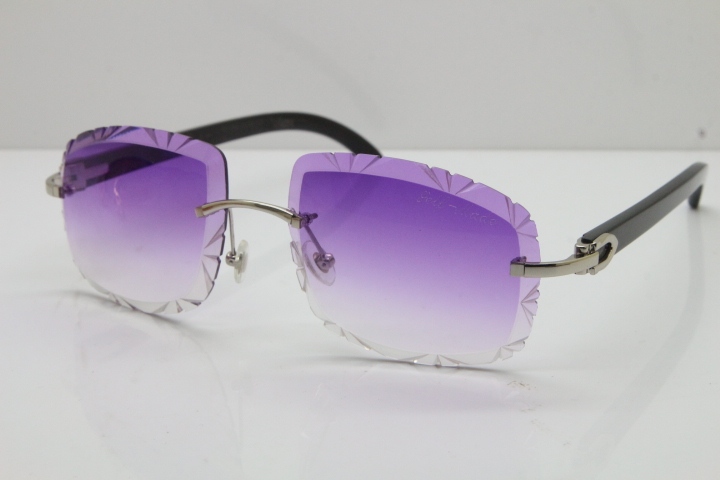 Cartier Rimless Carved Lens Black Buffalo Horn T8200762 Sunglasses in Silver Purple Lens New