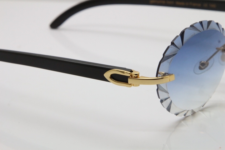 Cartier  Original Black Buffalo Horn T8200761 Rimless Sunglasses In Gold Blue Carved Lens